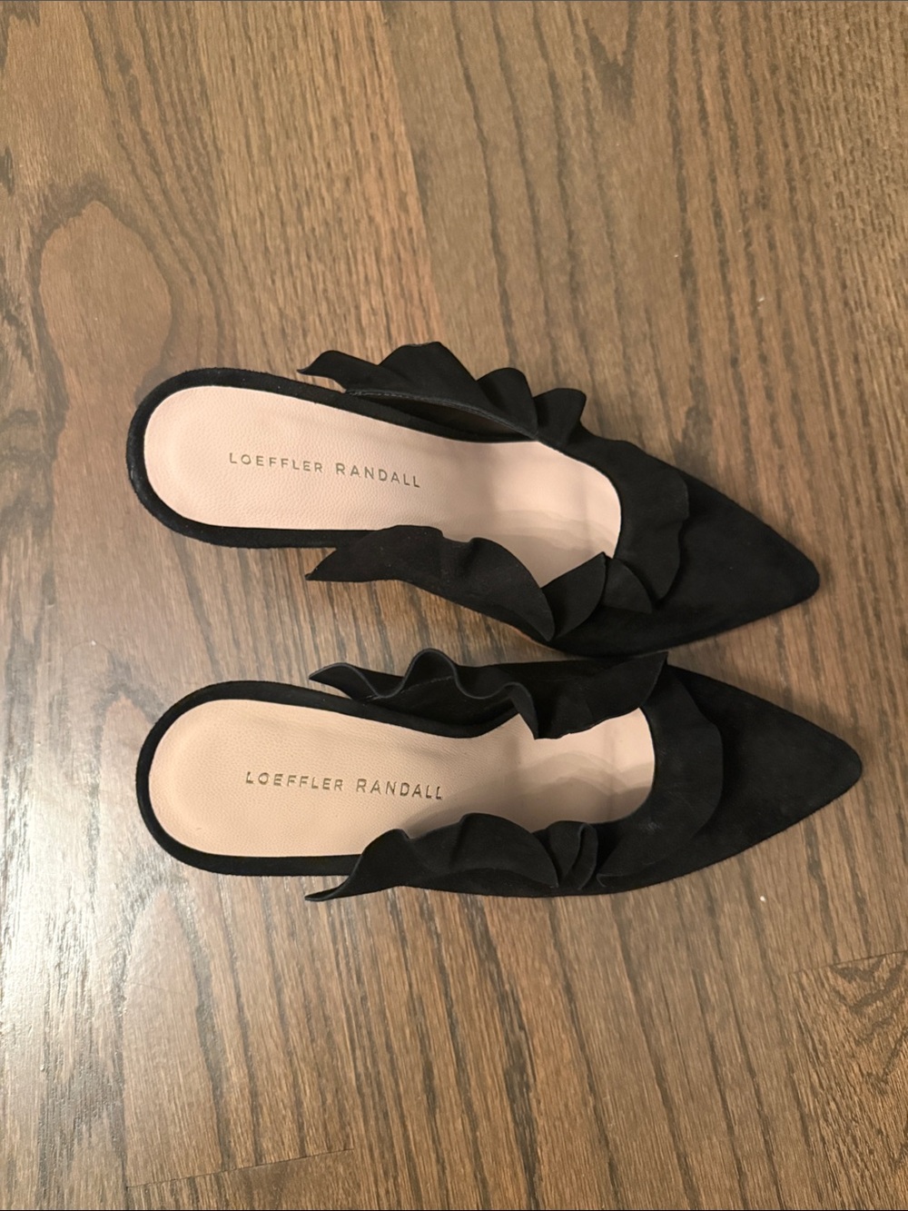 Loeffler Randall Black Ruffle Pointed Mule Slides